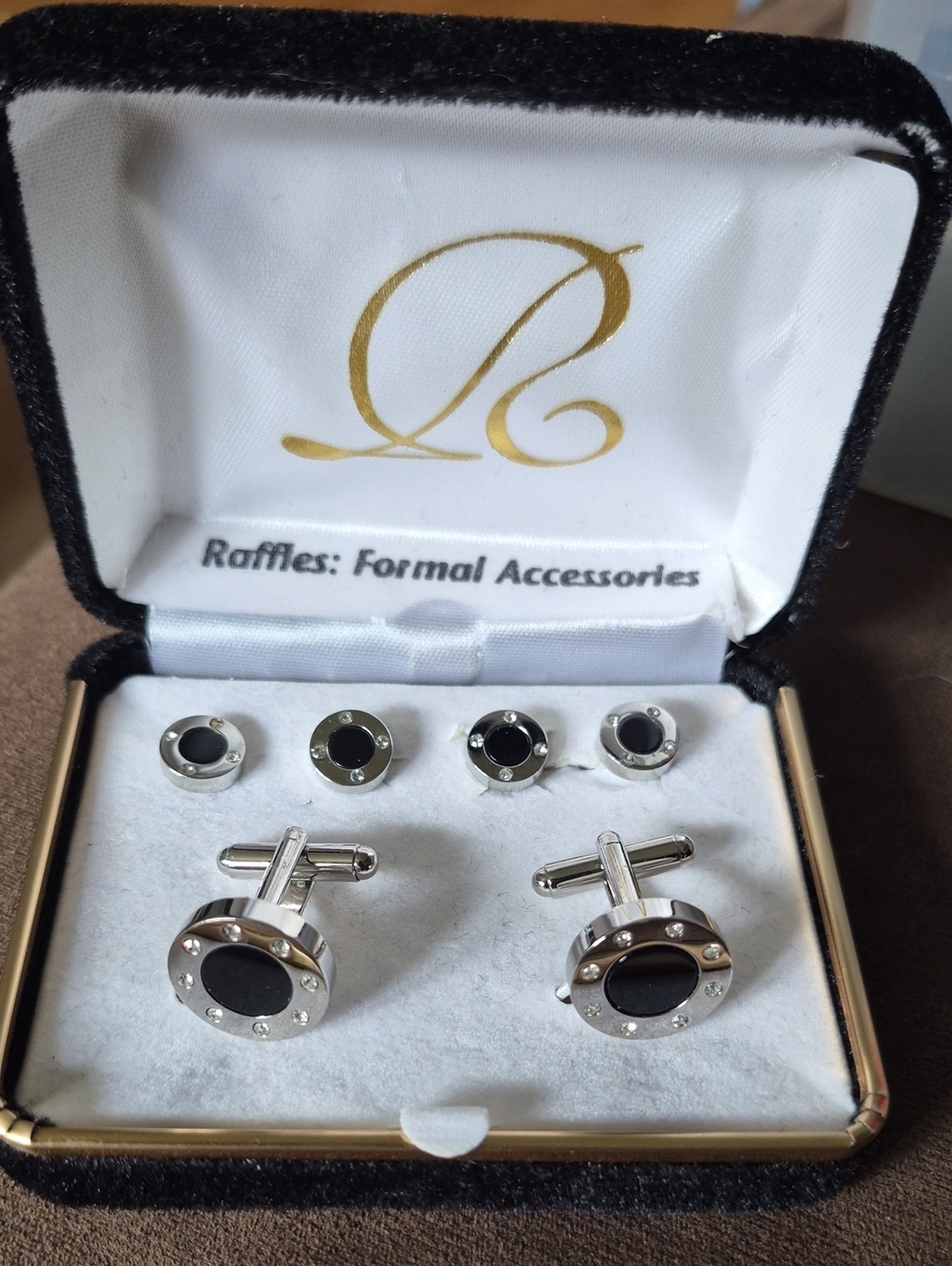 Raffles Formal Silver-Tone Black Onyx Cufflinks and Stud Set